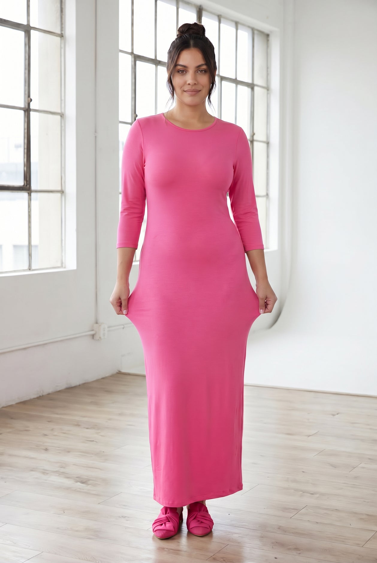 Model wearing Nuggles® MaxiLayering Dress in Pink