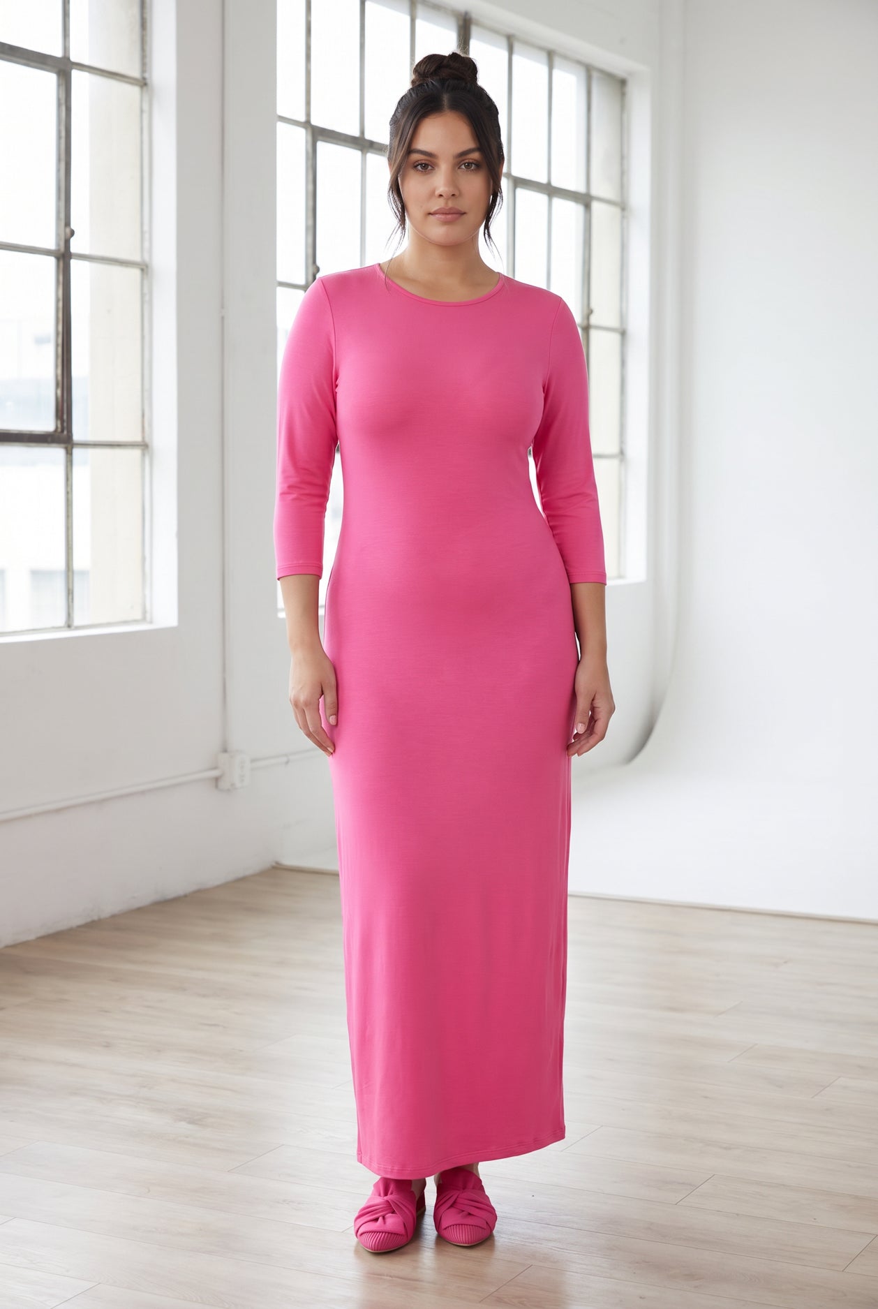 Model wearing Nuggles® MaxiLayering Dress in Pink