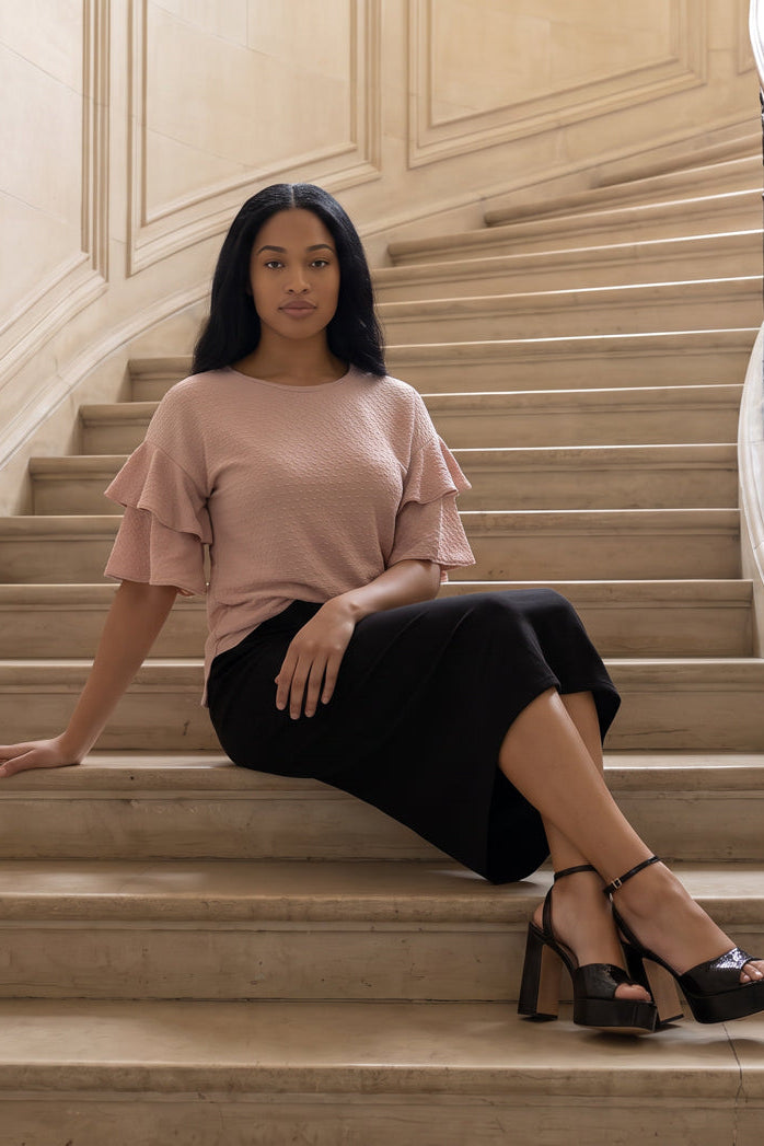 Model wearing Nuggles®  Helena Top in Dusty Pink