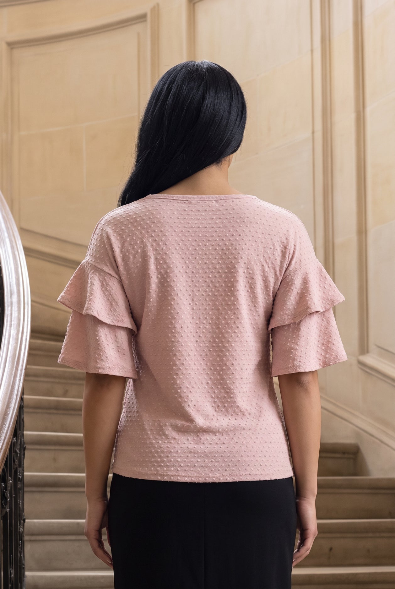 Model wearing Nuggles®  Helena Top in Dusty Pink