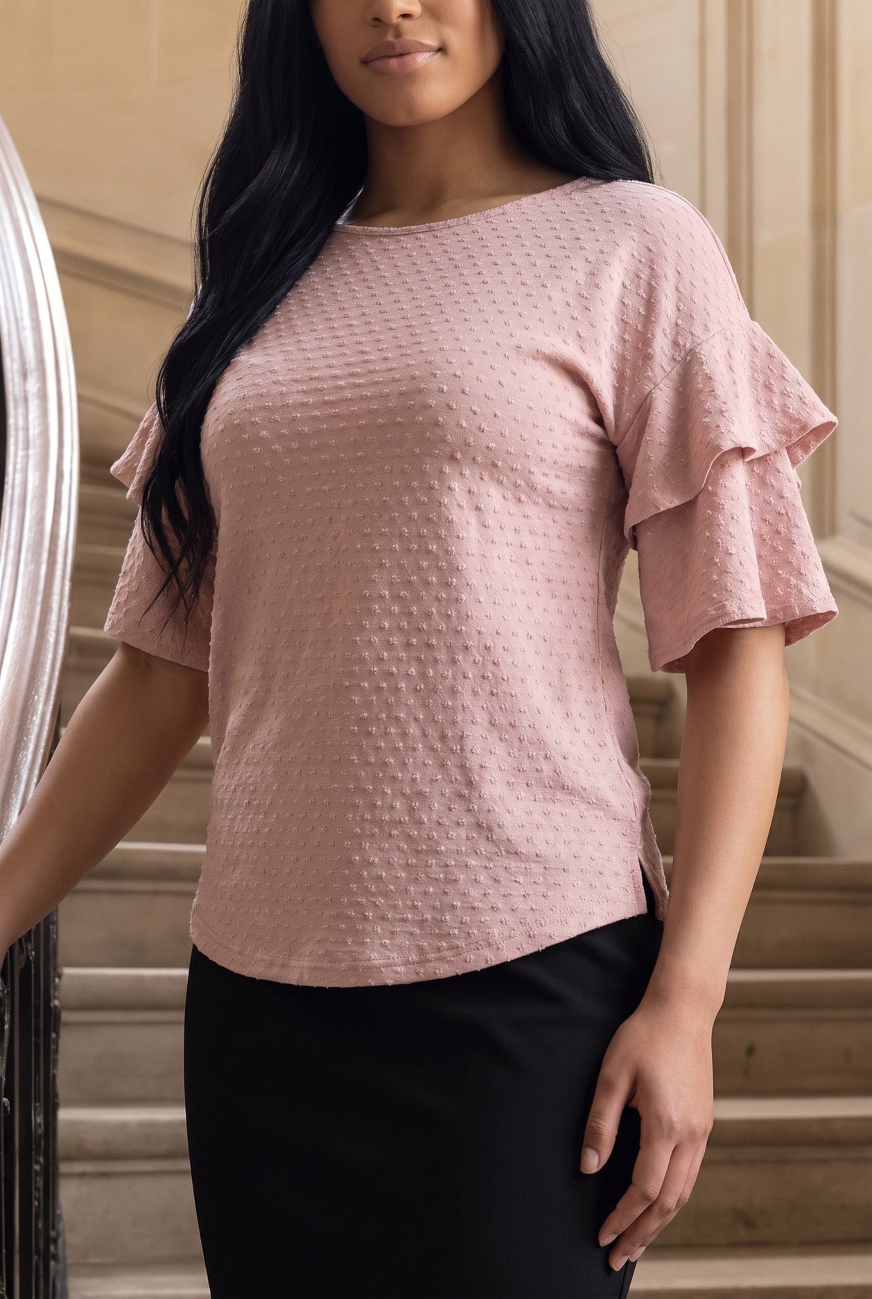 Model wearing Nuggles®  Helena Top in Dusty Pink