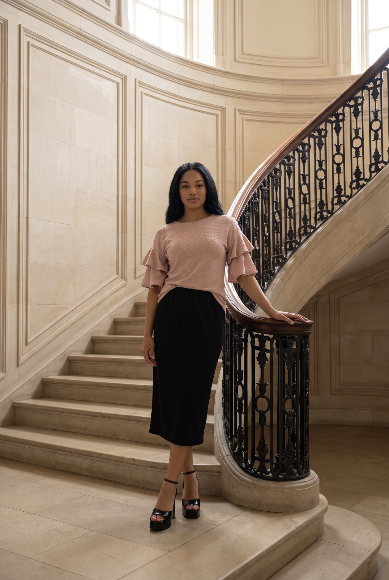 Model wearing Nuggles®  Helena Top in Dusty Pink