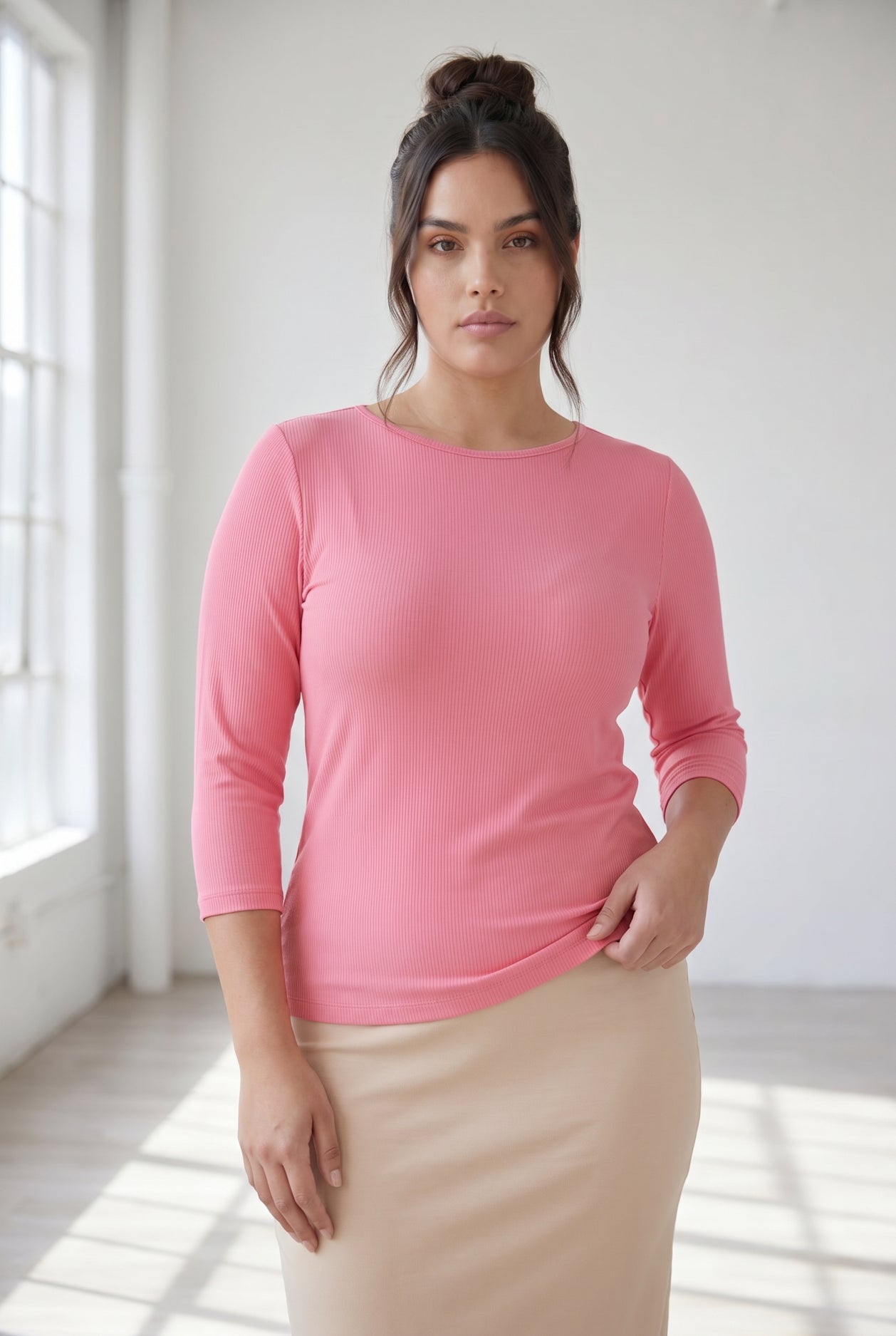Model wearing Nuggles® 3/4 Essential Ribbed Tee in Pink