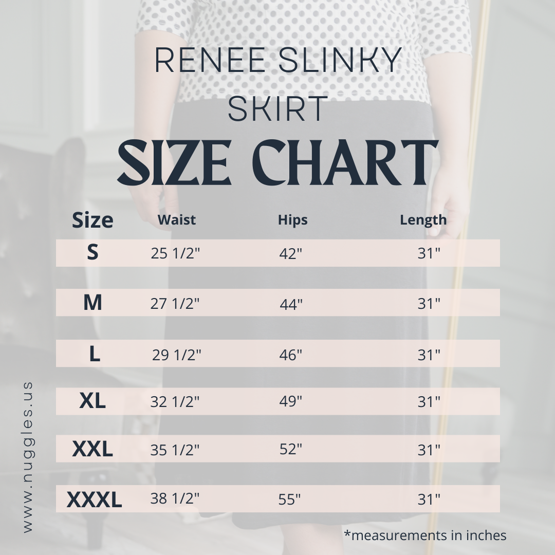 Nuggles® Renee Slinky Skirt size chart with waist, hip, and length measurements for modest midi skirt sizing.