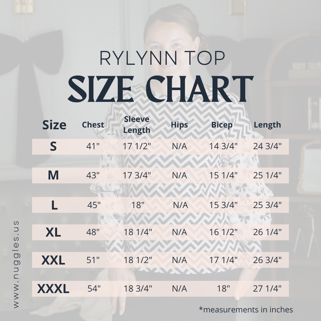 Rilynn Top by Nuggles® sizing guide with measurement chart for accurate fit