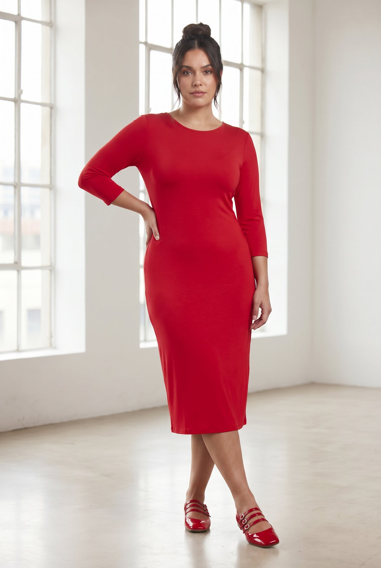 Model wearing Nuggles® Midi Layering Dress in Red