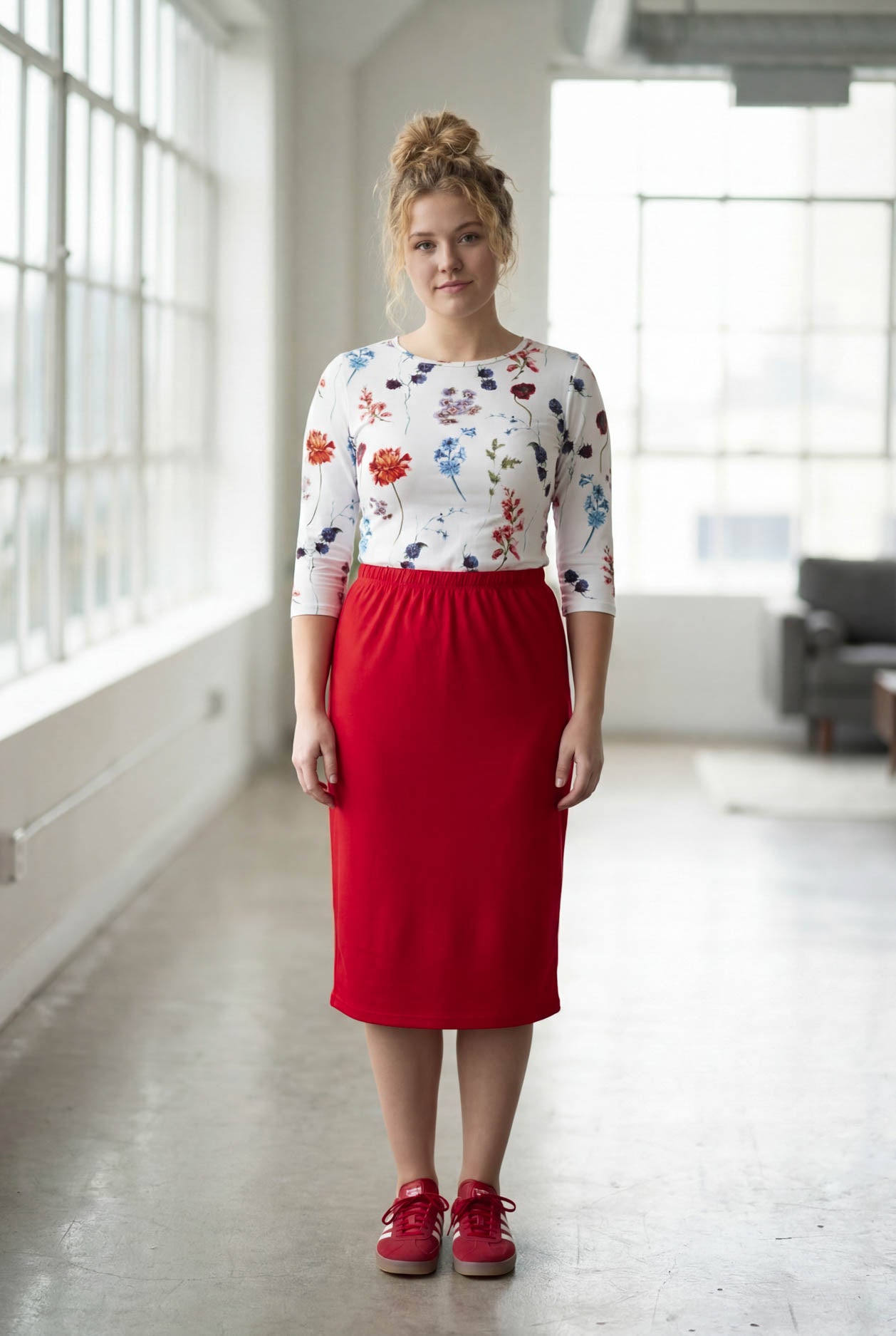 Model wearing Nuggles® 27" Classic Skirt in Red