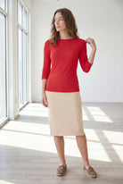 Model wearing Nuggles® 3/4 Essential Ribbed Tee in Red