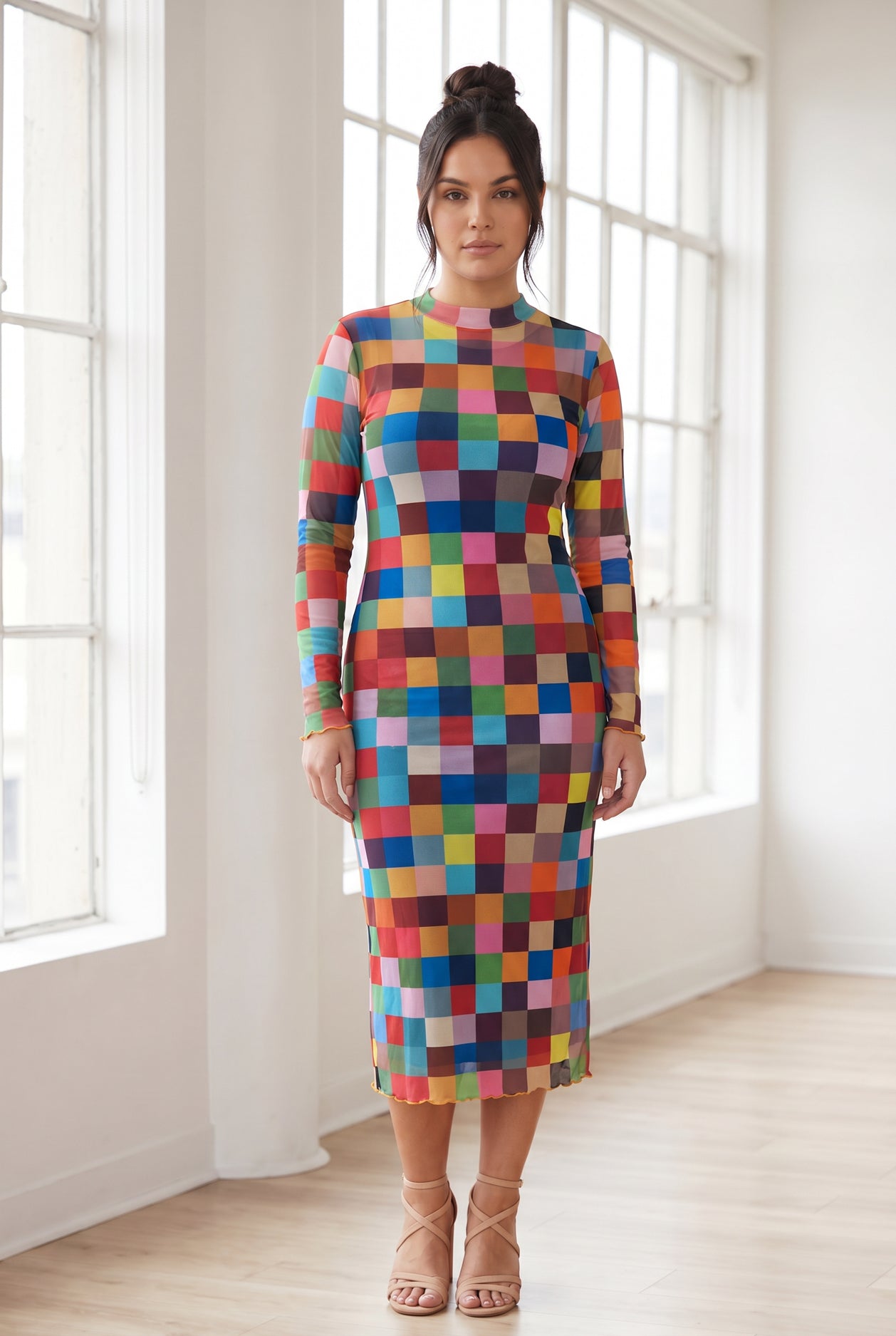 Retro Mosaic Mesh Dress by Nuggles, long-sleeve sheer mesh midi in playful multicolor mosaic print