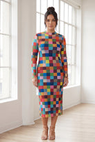 Retro Mosaic Mesh Dress by Nuggles, long-sleeve sheer mesh midi in playful multicolor mosaic print