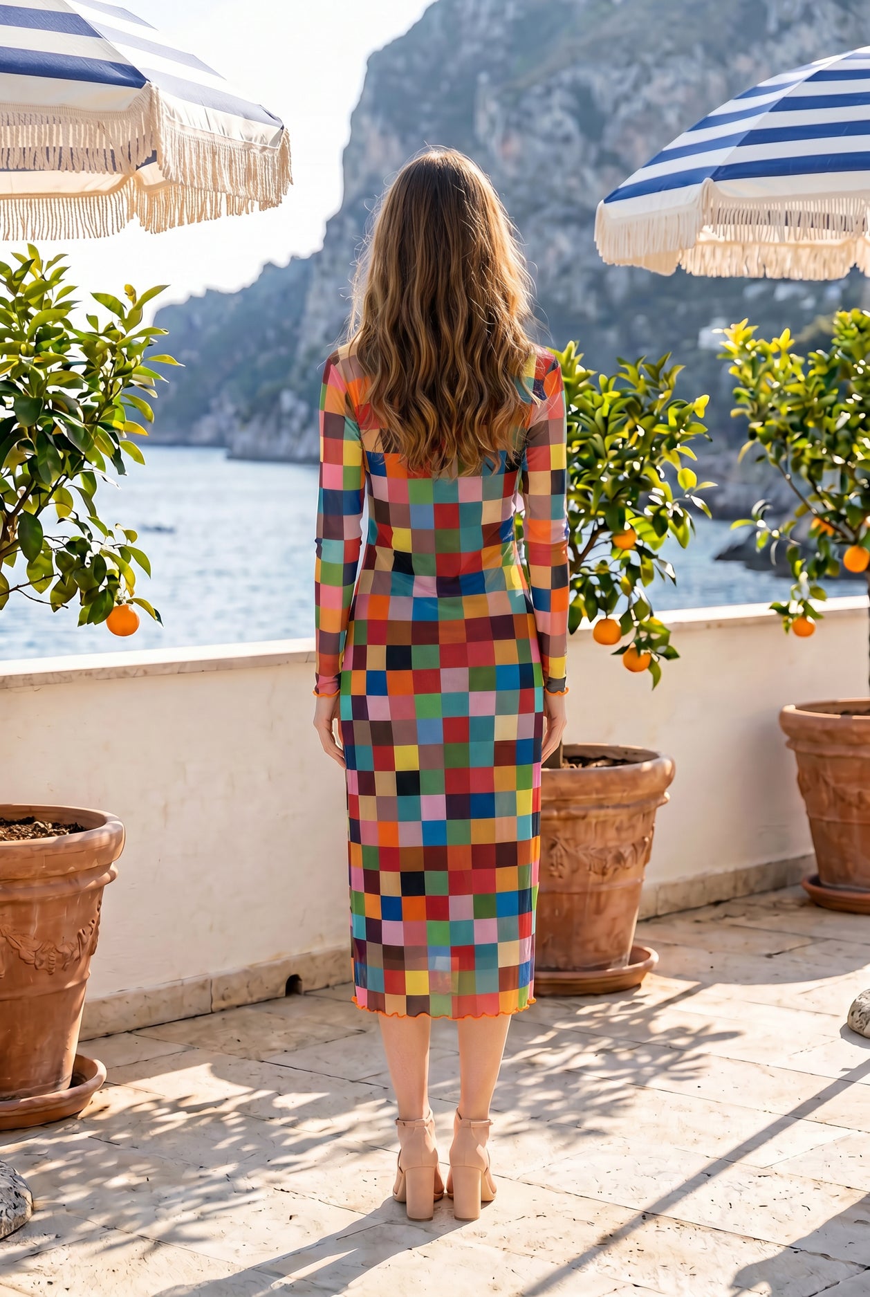 Modest Mesh Midi Dress in Retro Mosaic by Nuggles, sheer mosaic-print layering dress for everyday