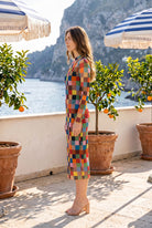 Nuggles Mesh Dress in Retro Mosaic, breathable sheer mesh midi with colorful nostalgic mosaic print