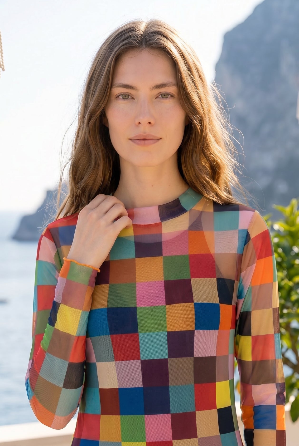 Retro Mosaic Mesh Midi Dress by Nuggles, sheer mesh in vibrant mosaic print for modest layering