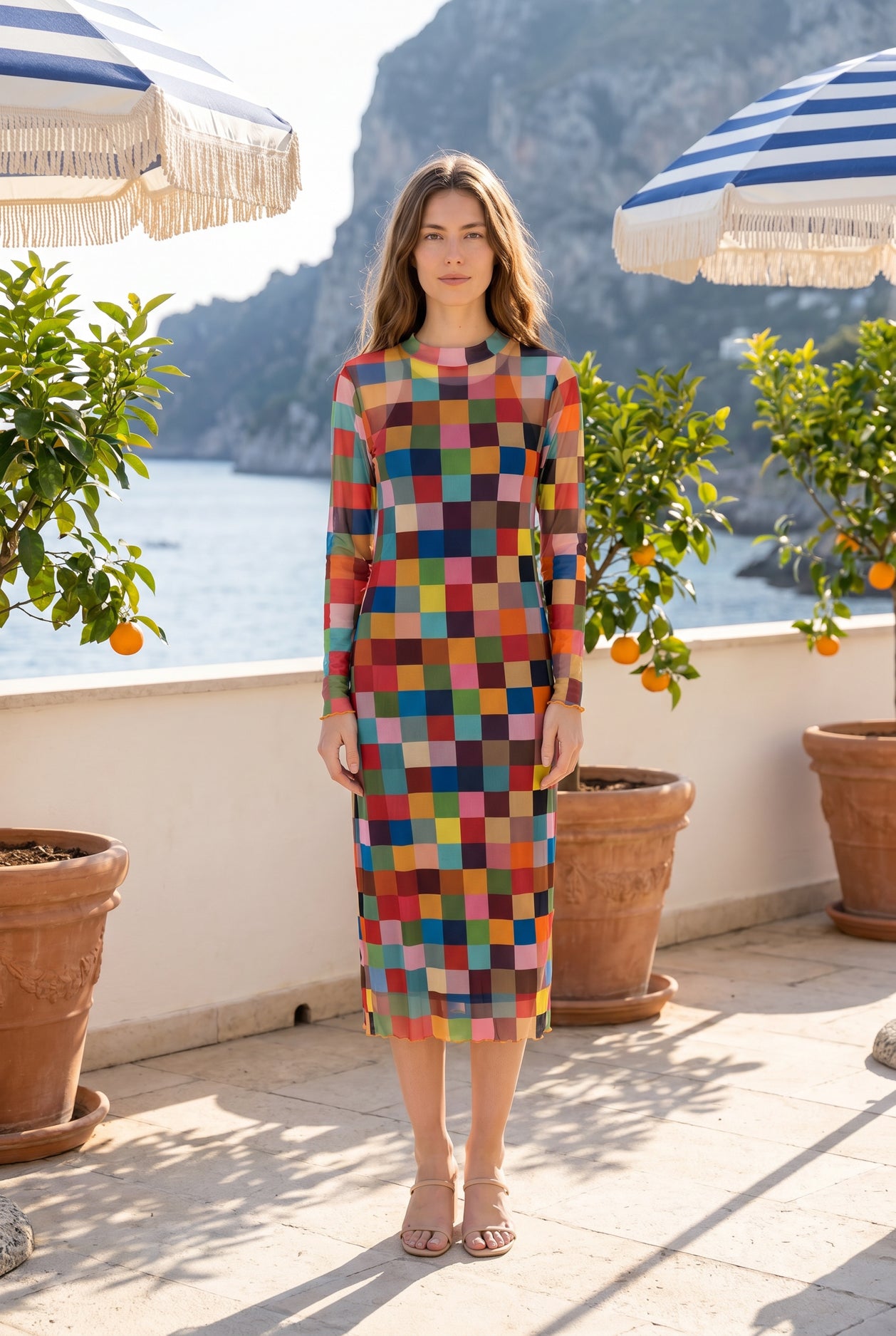 Nuggles Mesh Midi Dress in Retro Mosaic, sheer long-sleeve colorful mosaic-print modest layering dress
