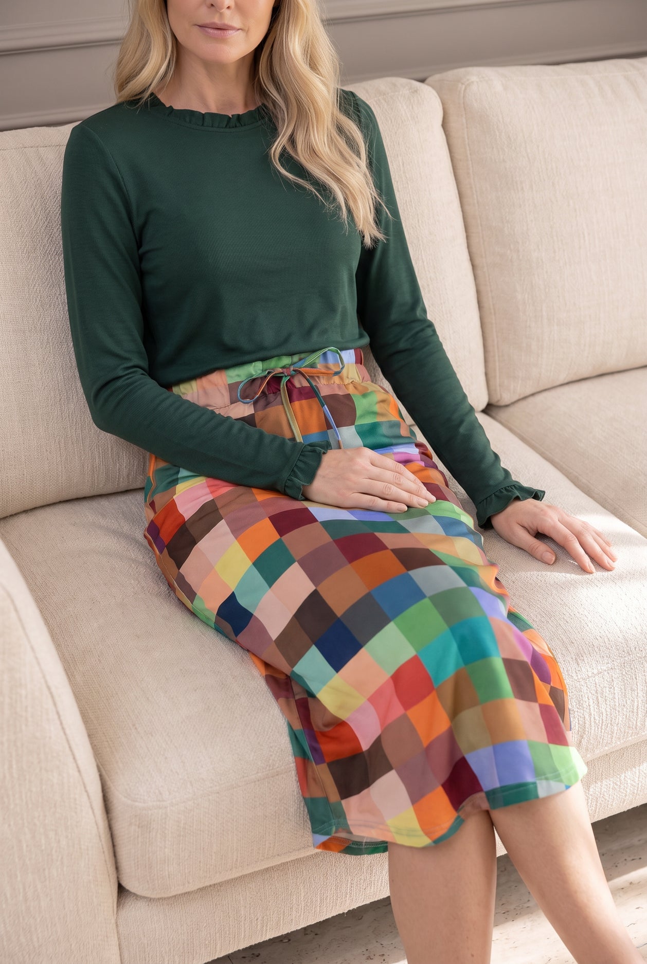Model wearing Nuggles®  31" Drawstring Skirt in Retro Mosaic