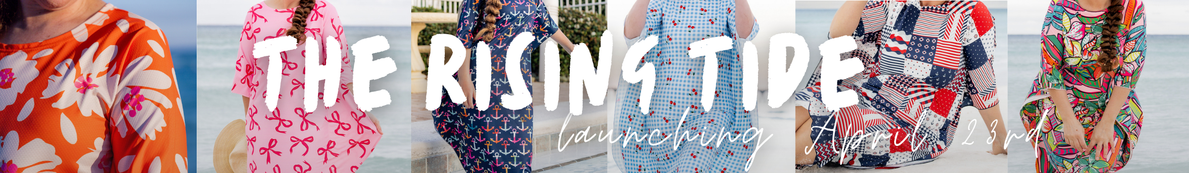 Collage of women wearing colorful dresses with 'The Rising Tide' brand name displayed.