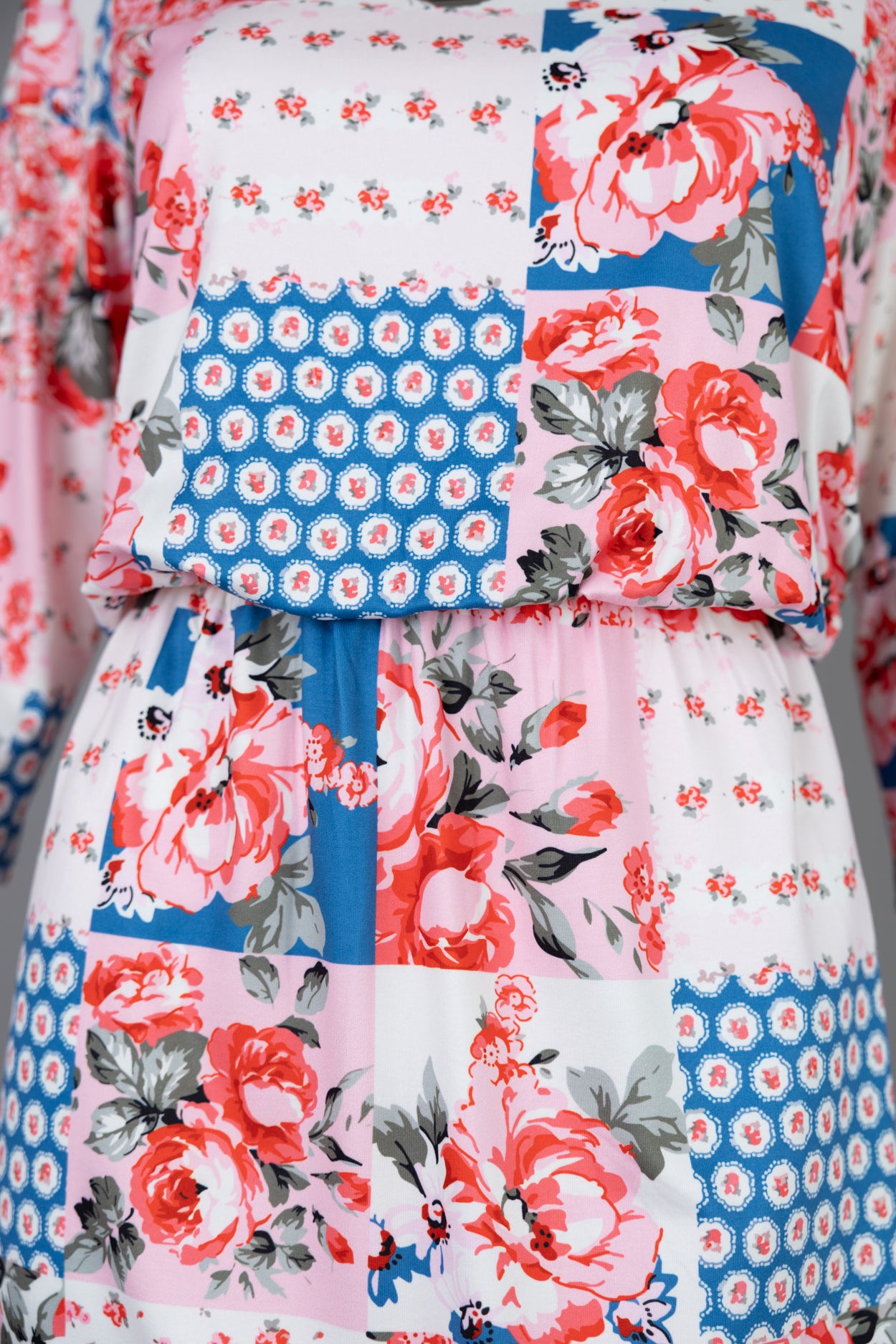 Harper Jane Rosie Patch dress, modest pink rose floral midi with comfortable stretch by Nuggles