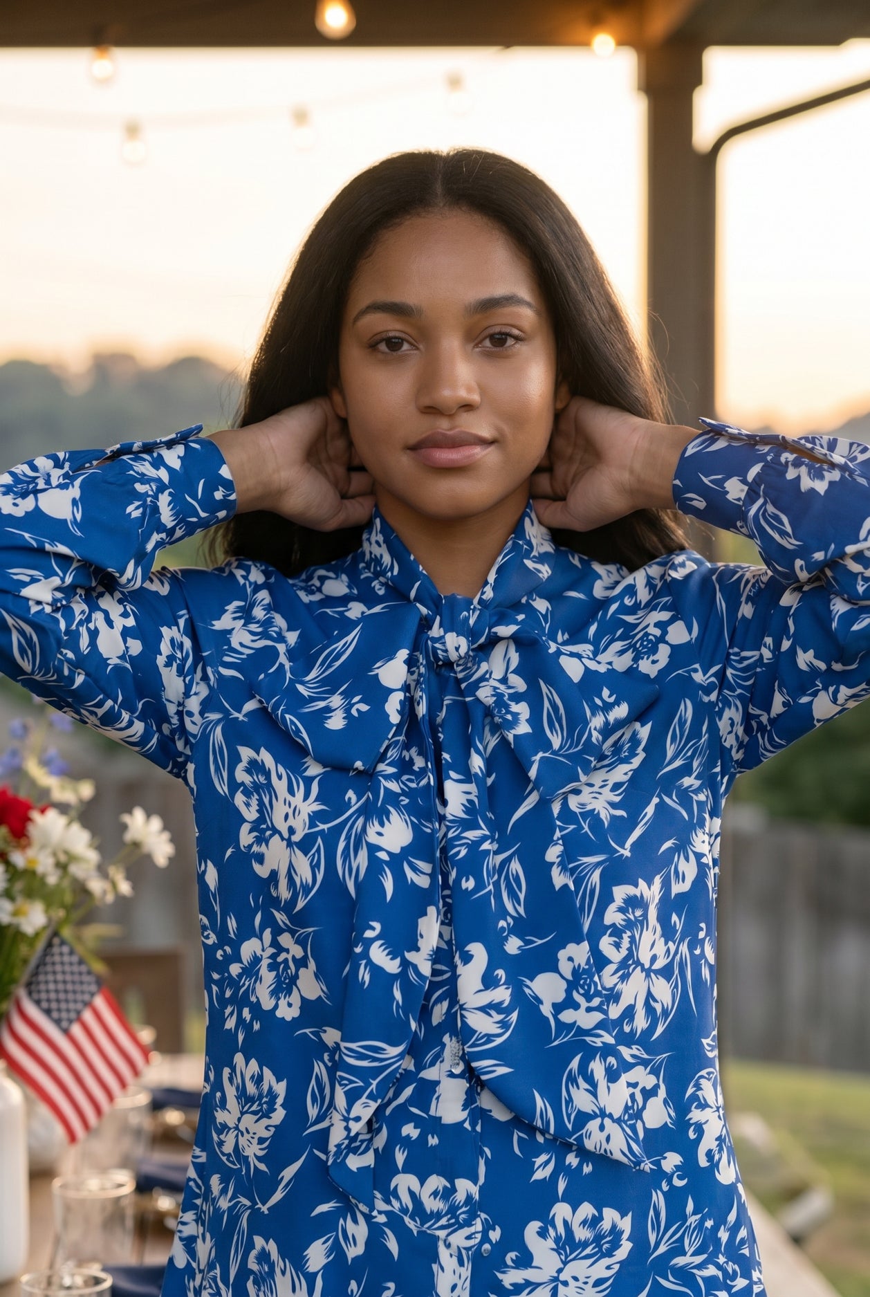 Nuggles® Felicity Bow Top in Royal Bloom floral womens blouse