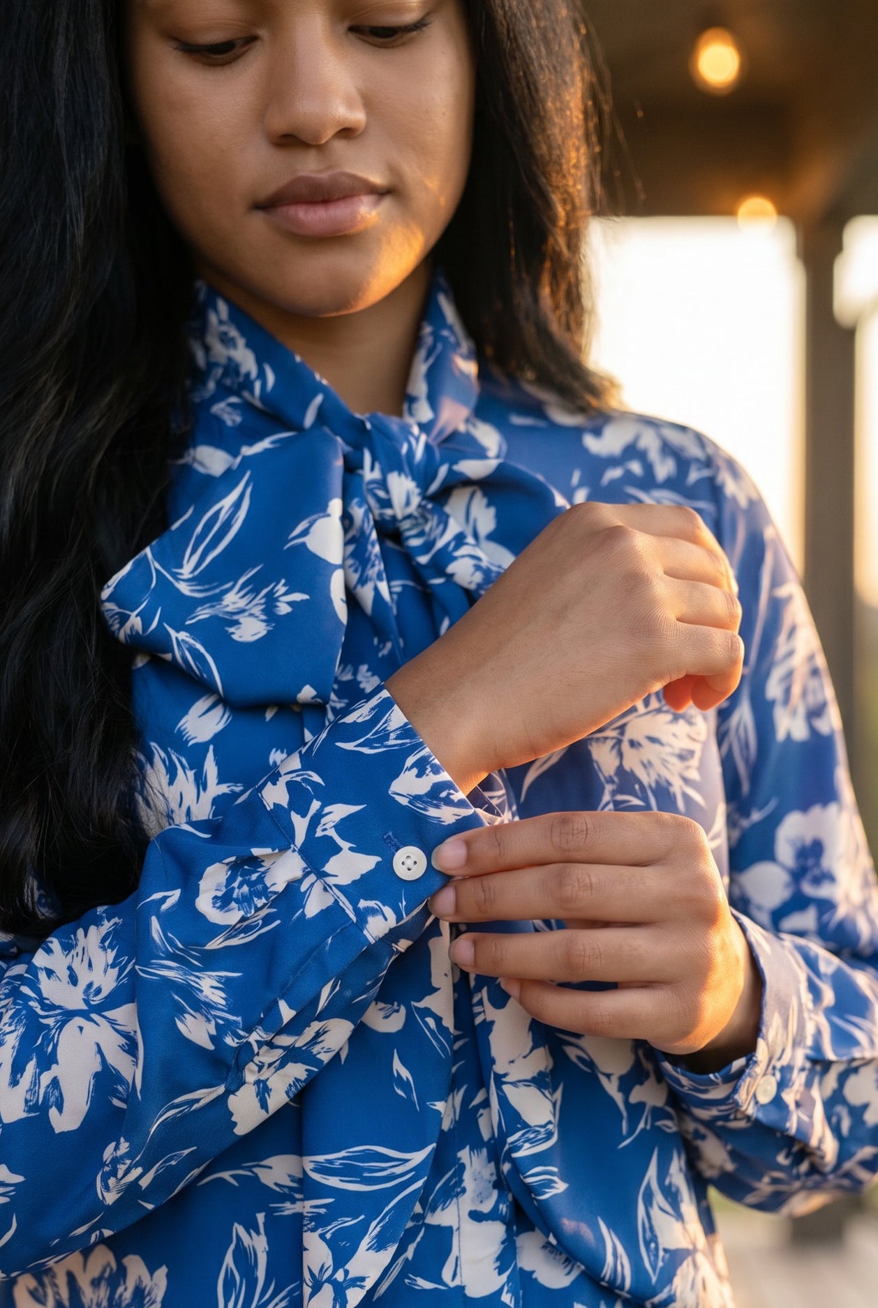 Nuggles® Felicity Bow Top in Royal Bloom floral womens blouse