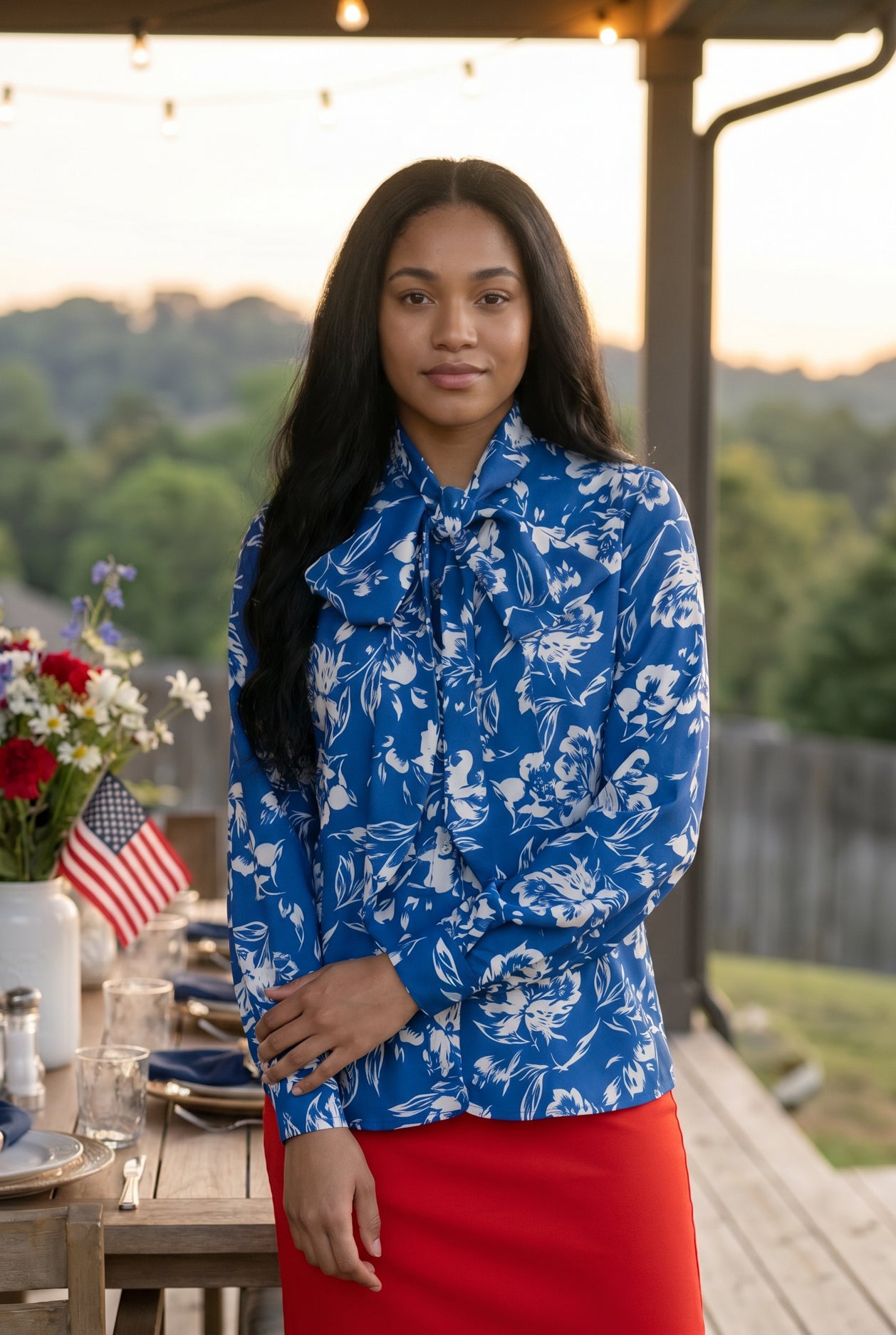 Nuggles® Felicity Bow Top in Royal Bloom floral womens blouse