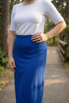 Model wearing Nuggles® 31" All-Sport Skirt in Royal Blue