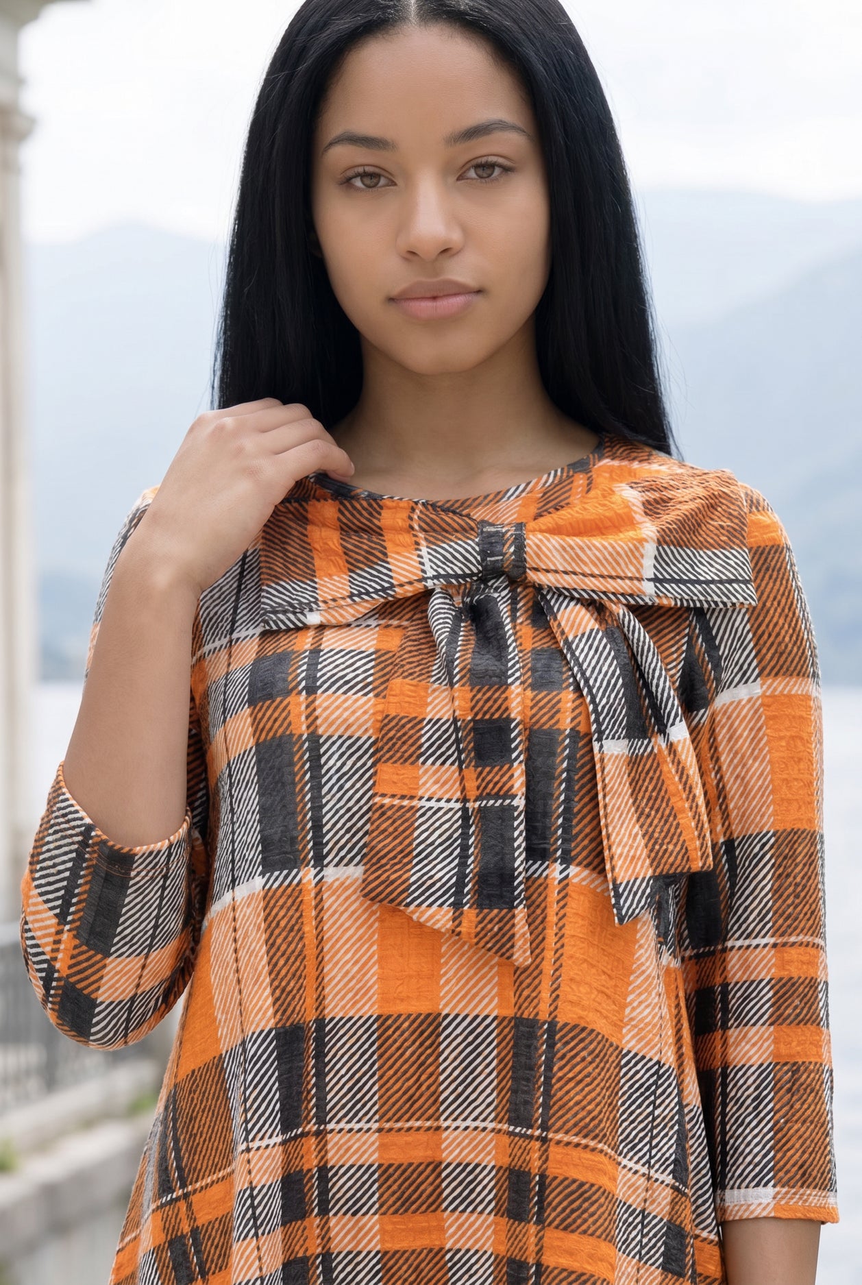 Nuggles Eleanor Top in Rusty Roo, modest 3/4-sleeve top in cozy rust tones with soft textured fabric
