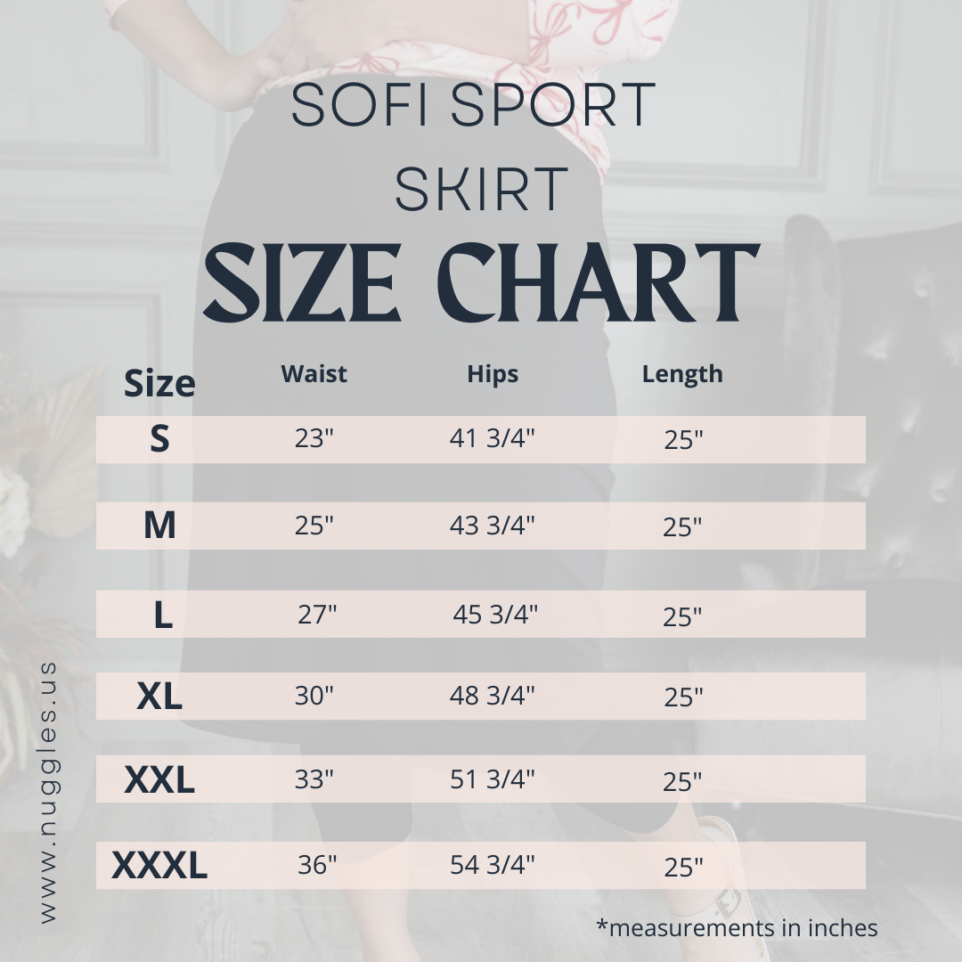Sofi Sport Skirt size chart – Nuggles® modest activewear measurements