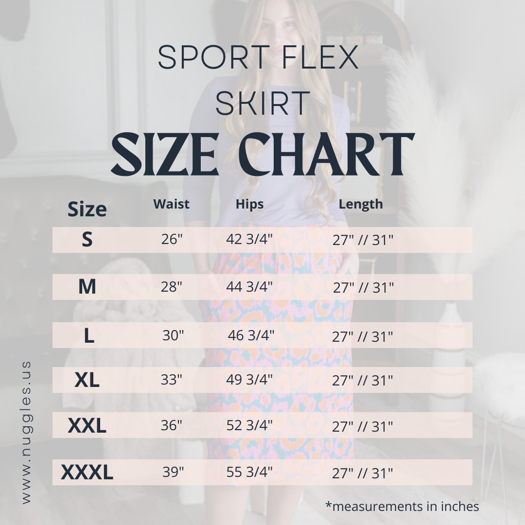 Nuggles® size chart showing measurements for Sport Flex Skirt and modest clothing