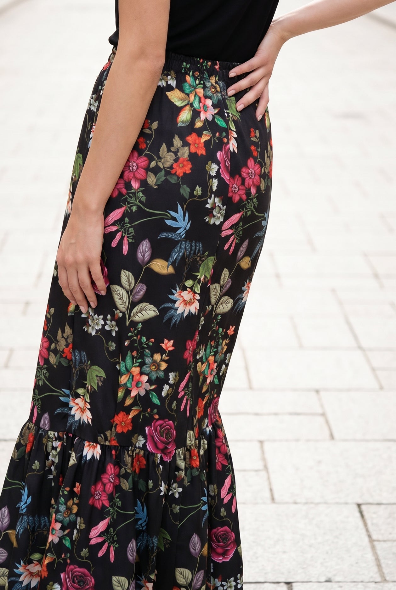 Floral-patterned skirt with a white background