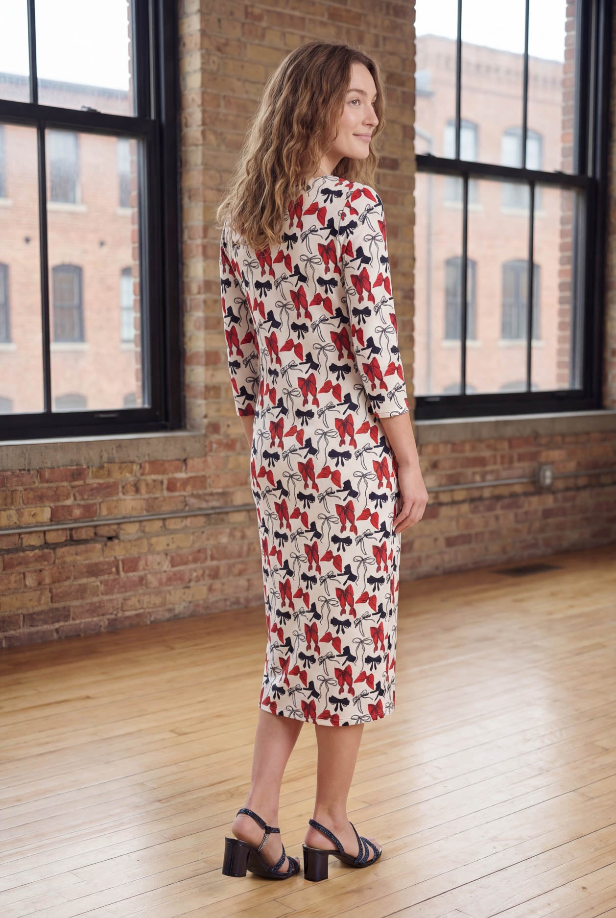 Model wearing Nuggles® Midi Layering Dress in Scarlet Sketch