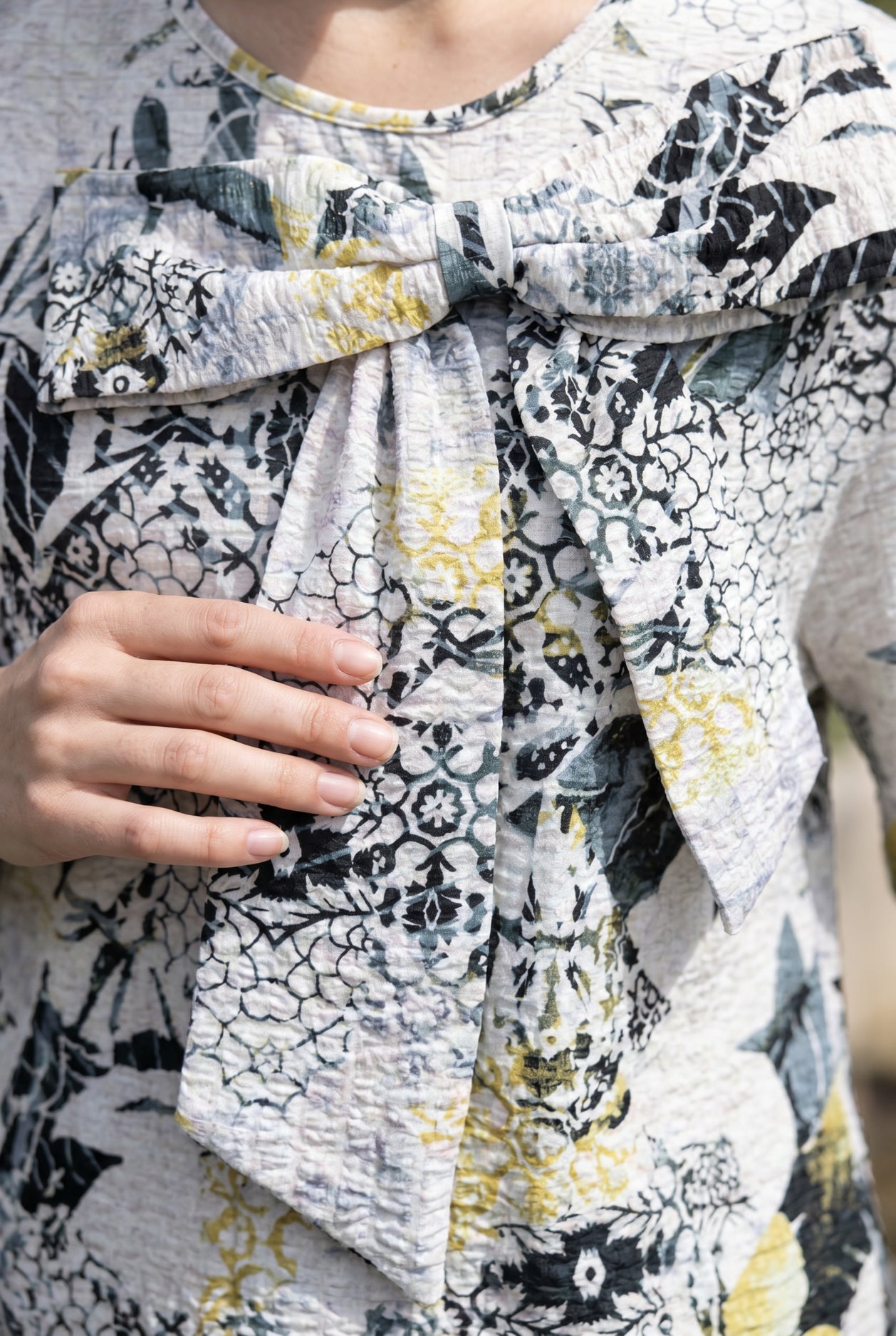 Sketchbook Eleanor Top by Nuggles, modest 3/4-sleeve top in artful hand-drawn print on clean white base
