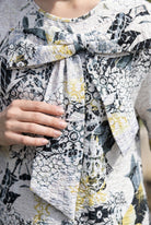 Sketchbook Eleanor Top by Nuggles, modest 3/4-sleeve top in artful hand-drawn print on clean white base