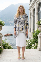 Sketchbook Eleanor Top, Nuggles plus-size-friendly modest top in hand-drawn white print with bow neckline