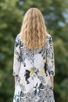 Sketchbook Eleanor Top by Nuggles, modest bow-neck top with 3/4 sleeves in hand-drawn print on white