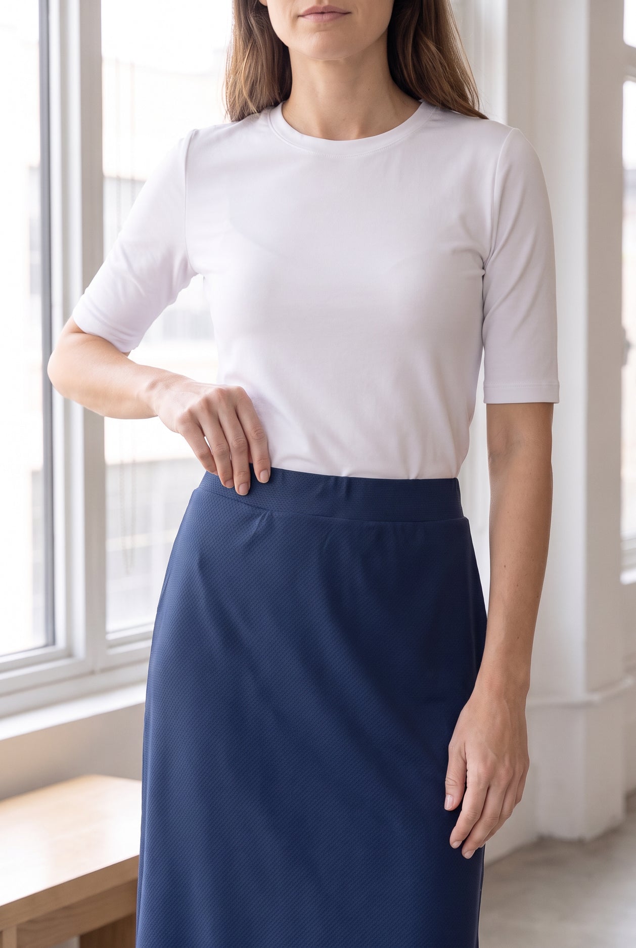 Model wearing Nuggles®  27" Sport Skirt in Slate Blue