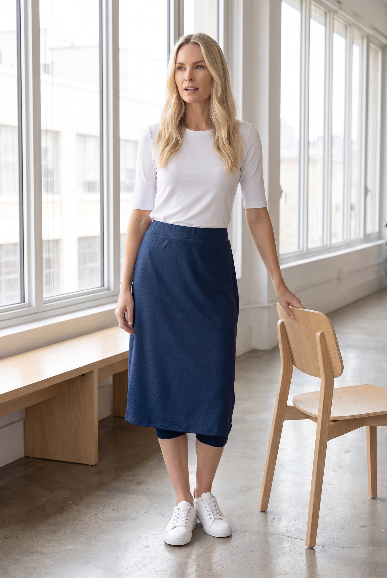 Model wearing Nuggles®  27" Sport Skirt in Slate Blue