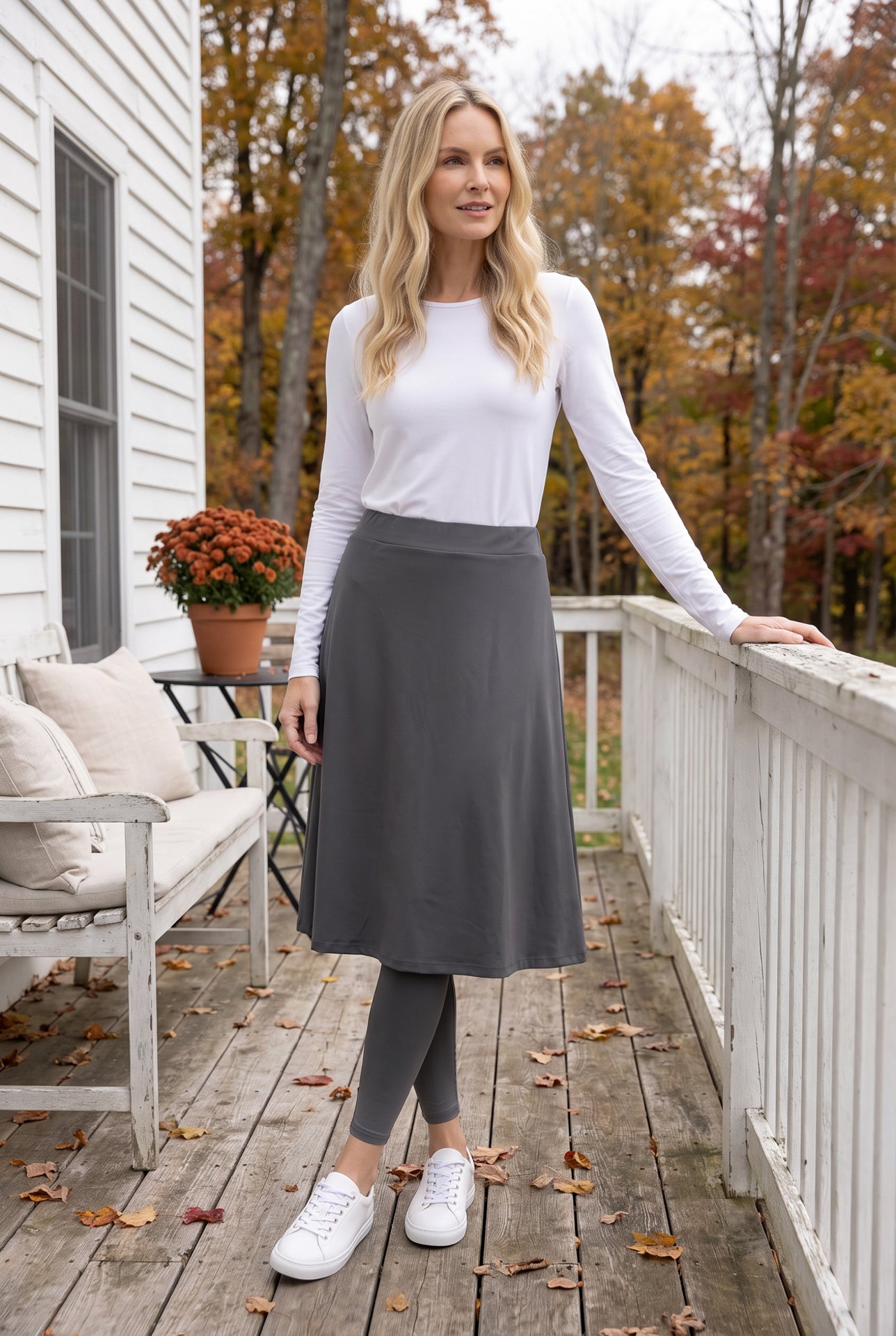 Model wearing Nuggles® Tilly Sport Skirt in Slate Grey