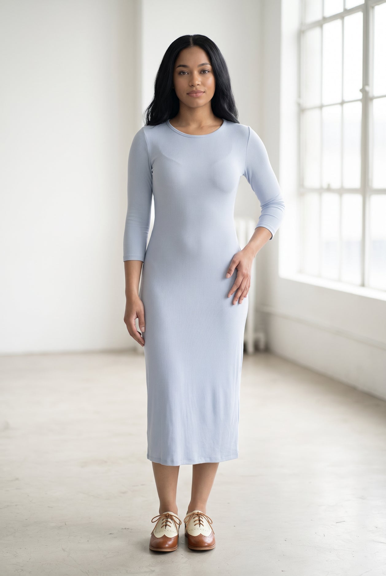 Nuggles Ribbed Midi Layering Dress in Soft Blue