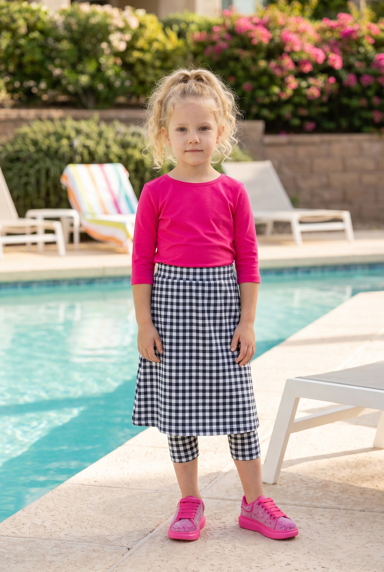 A picture of a young girl beside a pool with a beach ball wearing a modest skort with a coordinating hot pink shirt.