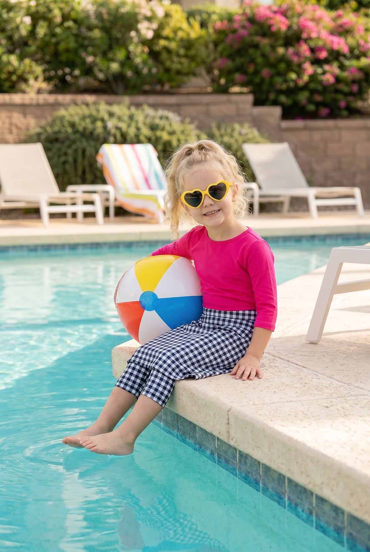 A picture of a young girl beside a pool with a beach ball wearing a modest skort with a coordinating hot pink shirt.