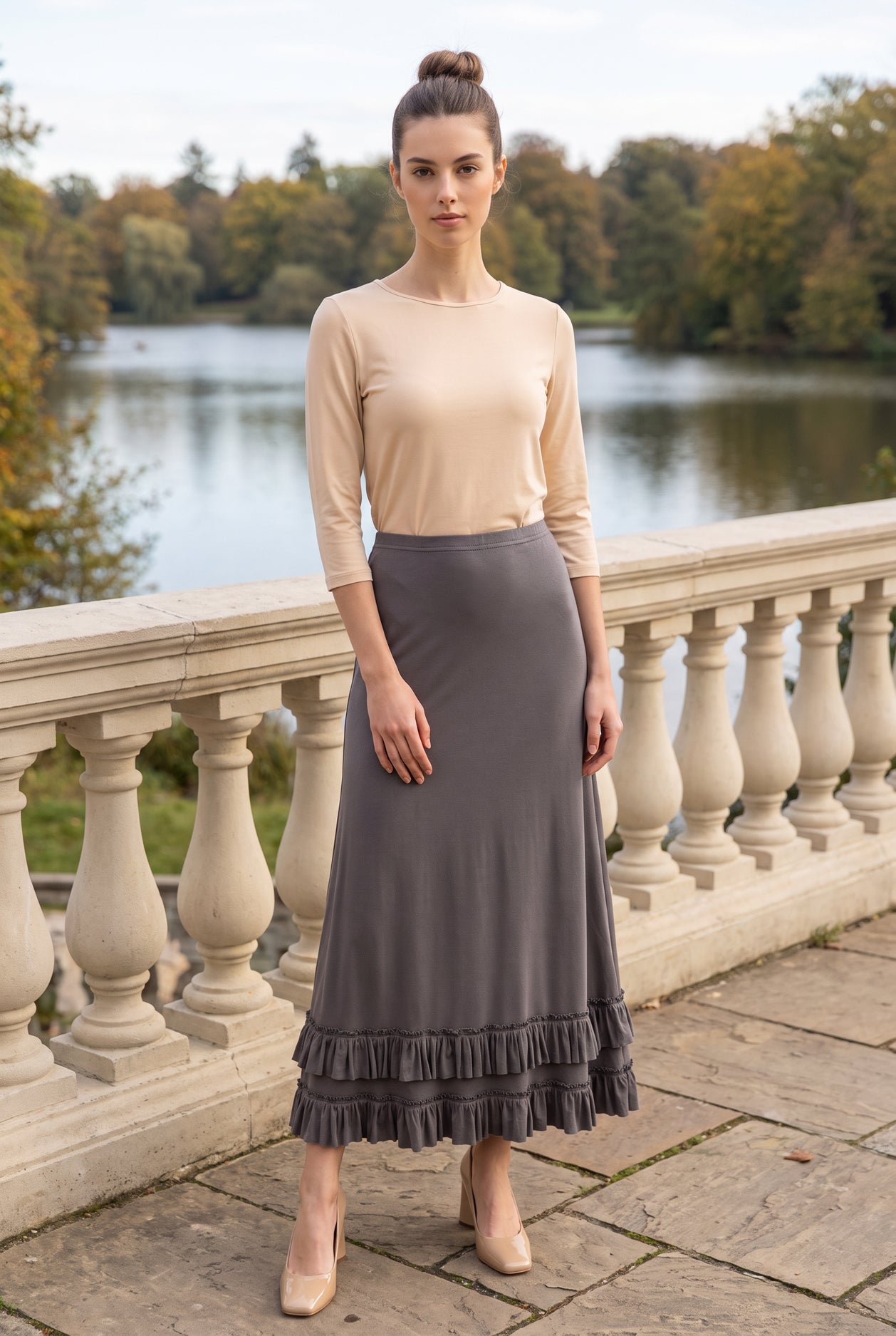 Model wearing Nuggles®  Callie Skirt in Steel Gray