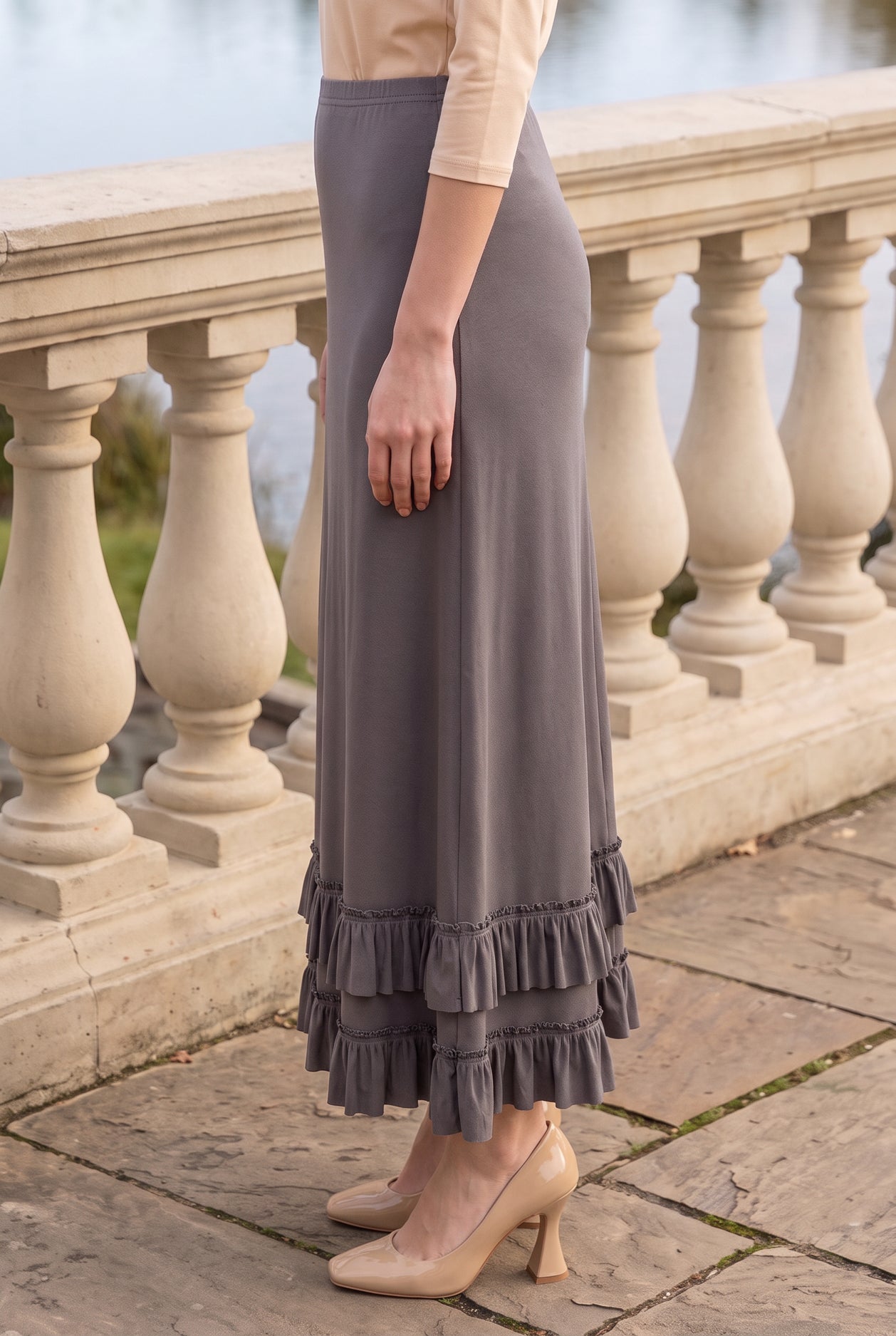 Model wearing Nuggles®  Callie Skirt in Steel Gray