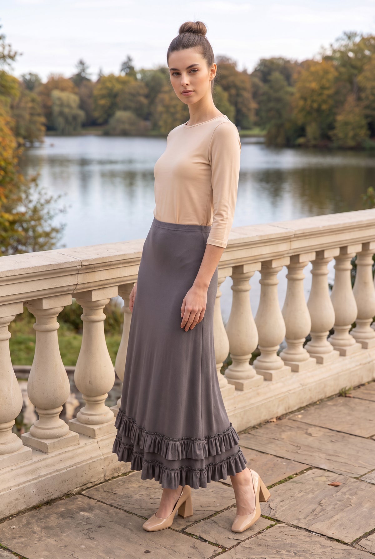 Model wearing Nuggles®  Callie Skirt in Steel Gray