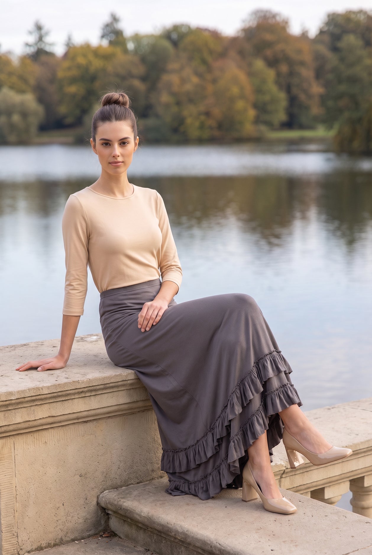Model wearing Nuggles®  Callie Skirt in Steel Gray