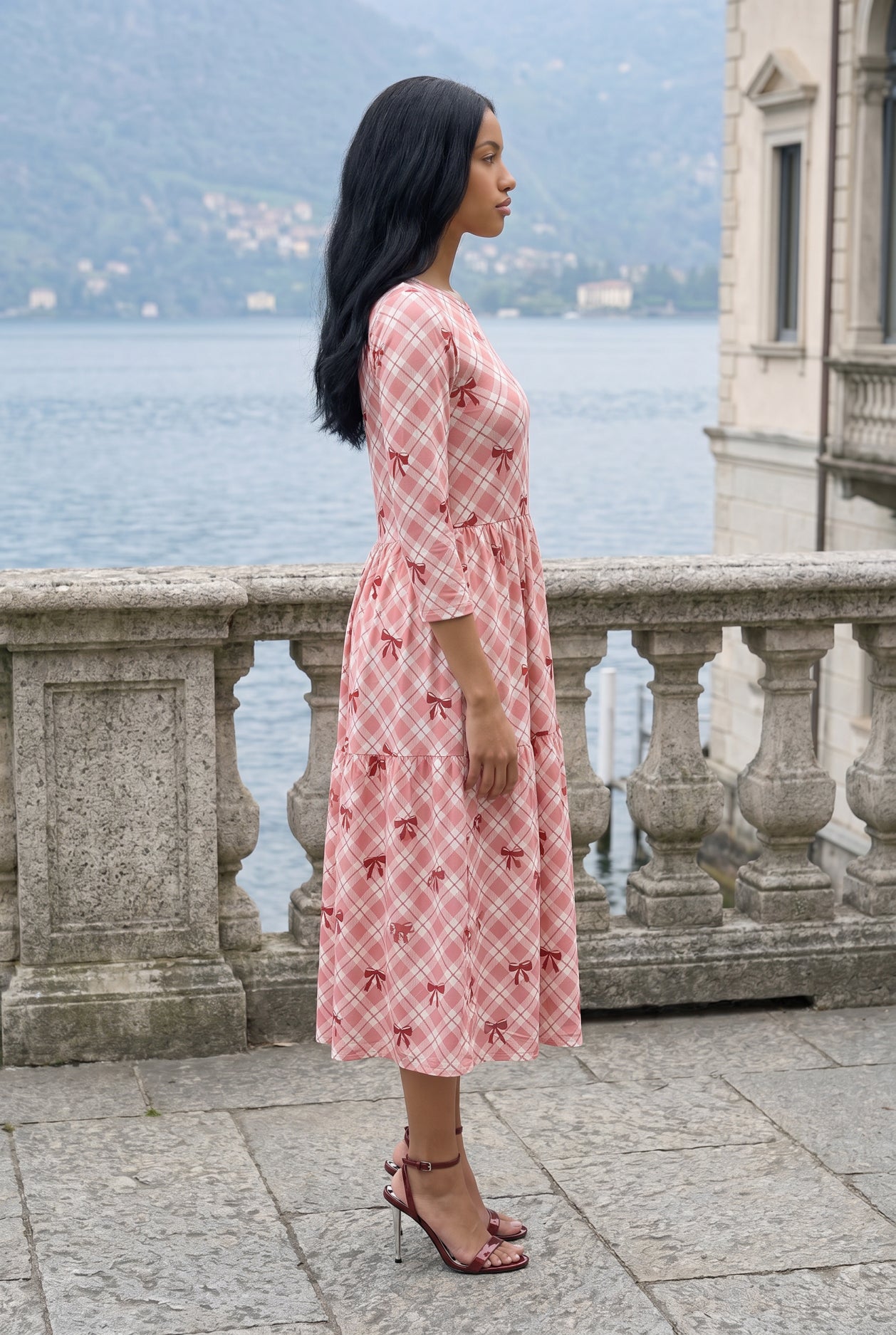 Modest Nova Midi Dress in Sugar Bow by Nuggles, feminine pink bow-print cotton dress, maternity-friendly
