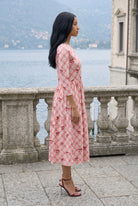 Modest Nova Midi Dress in Sugar Bow by Nuggles, feminine pink bow-print cotton dress, maternity-friendly