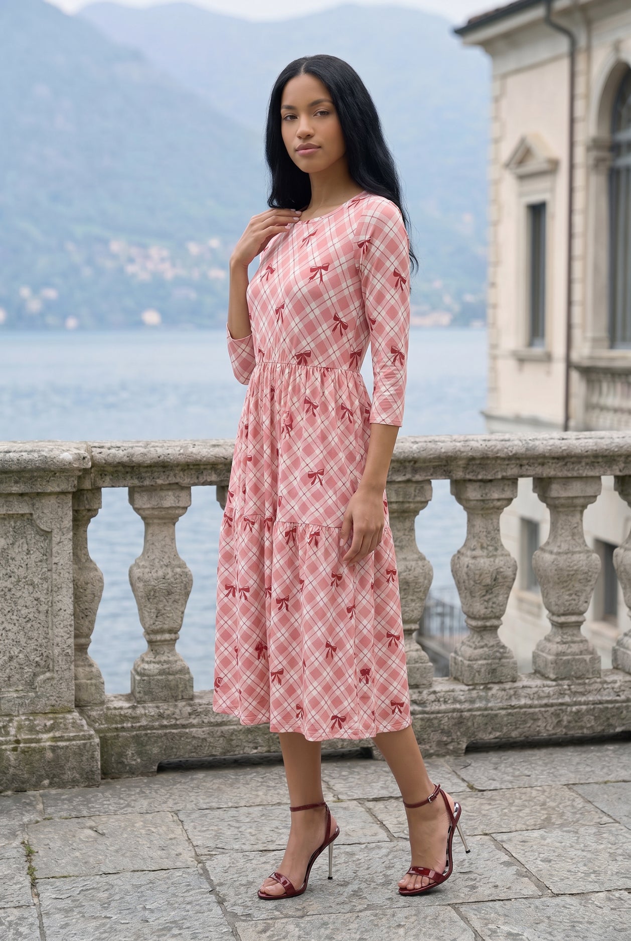Sugar Bow Nova Midi by Nuggles, 3/4-sleeve modest cotton dress in soft pink dainty-bow print