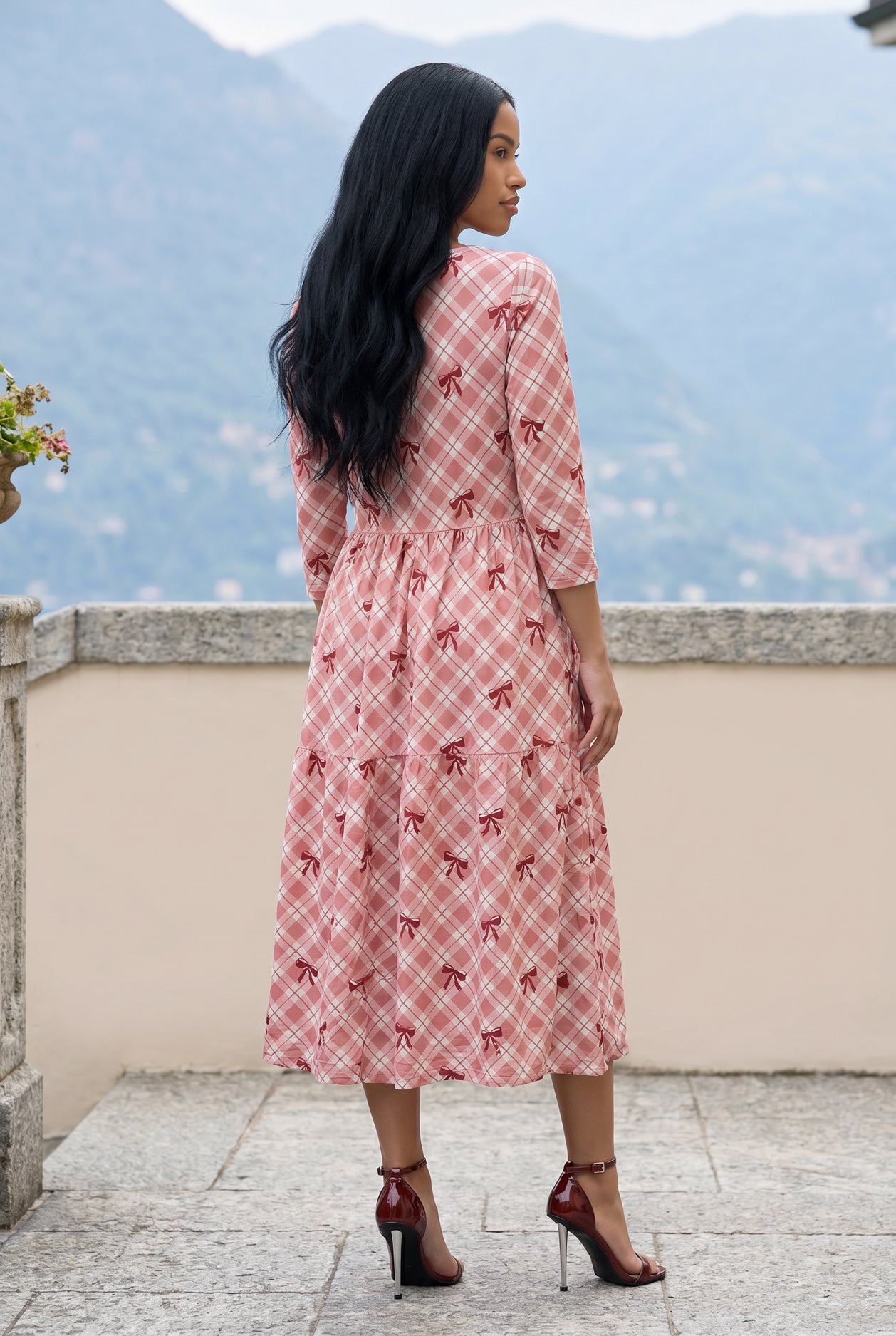 Nuggles Nova Dress in Sugar Bow, soft cotton modest midi in pink bow print for church and everyday