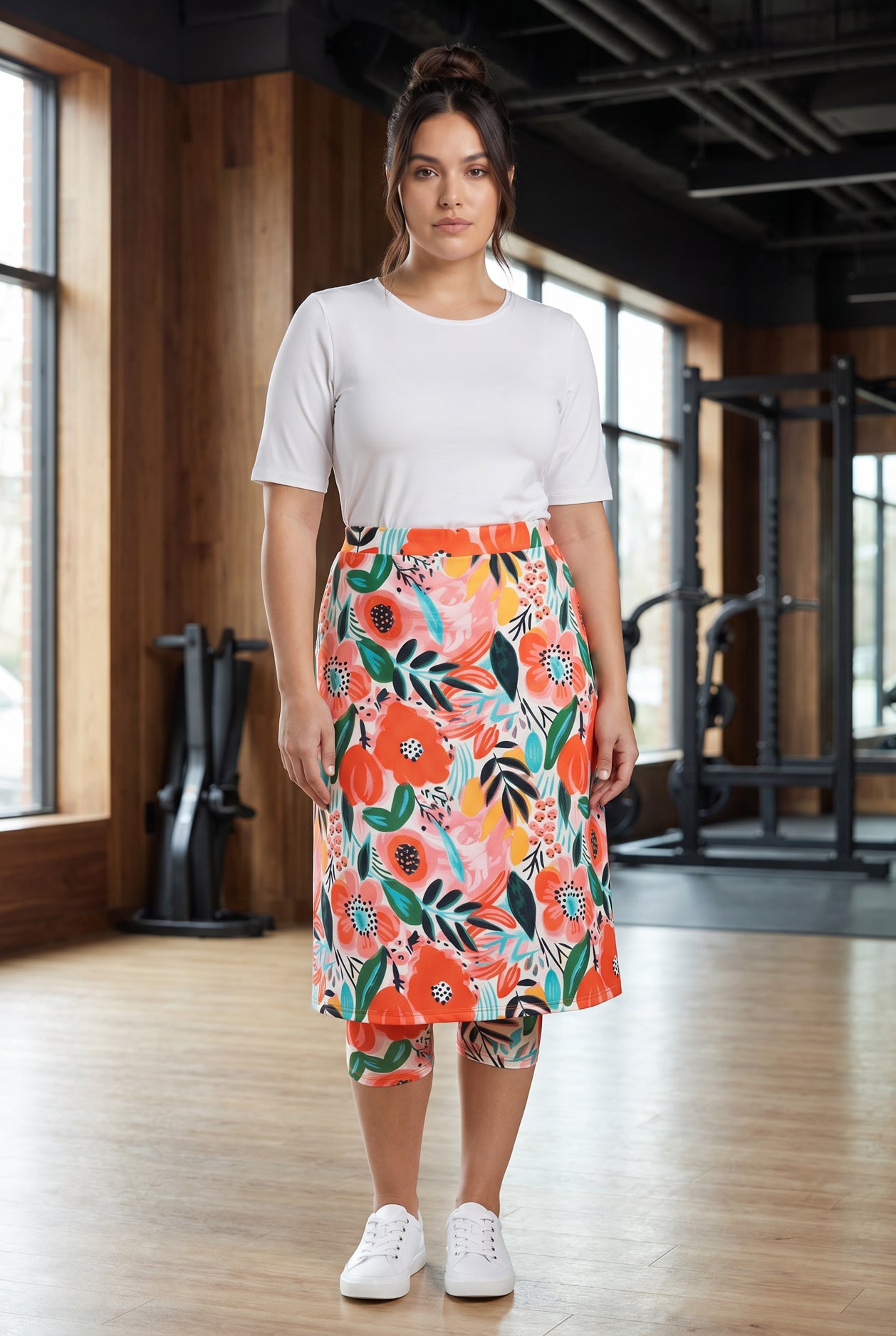Model wearing Nuggles® 27" All-Sport Skirt in Summer Tropic