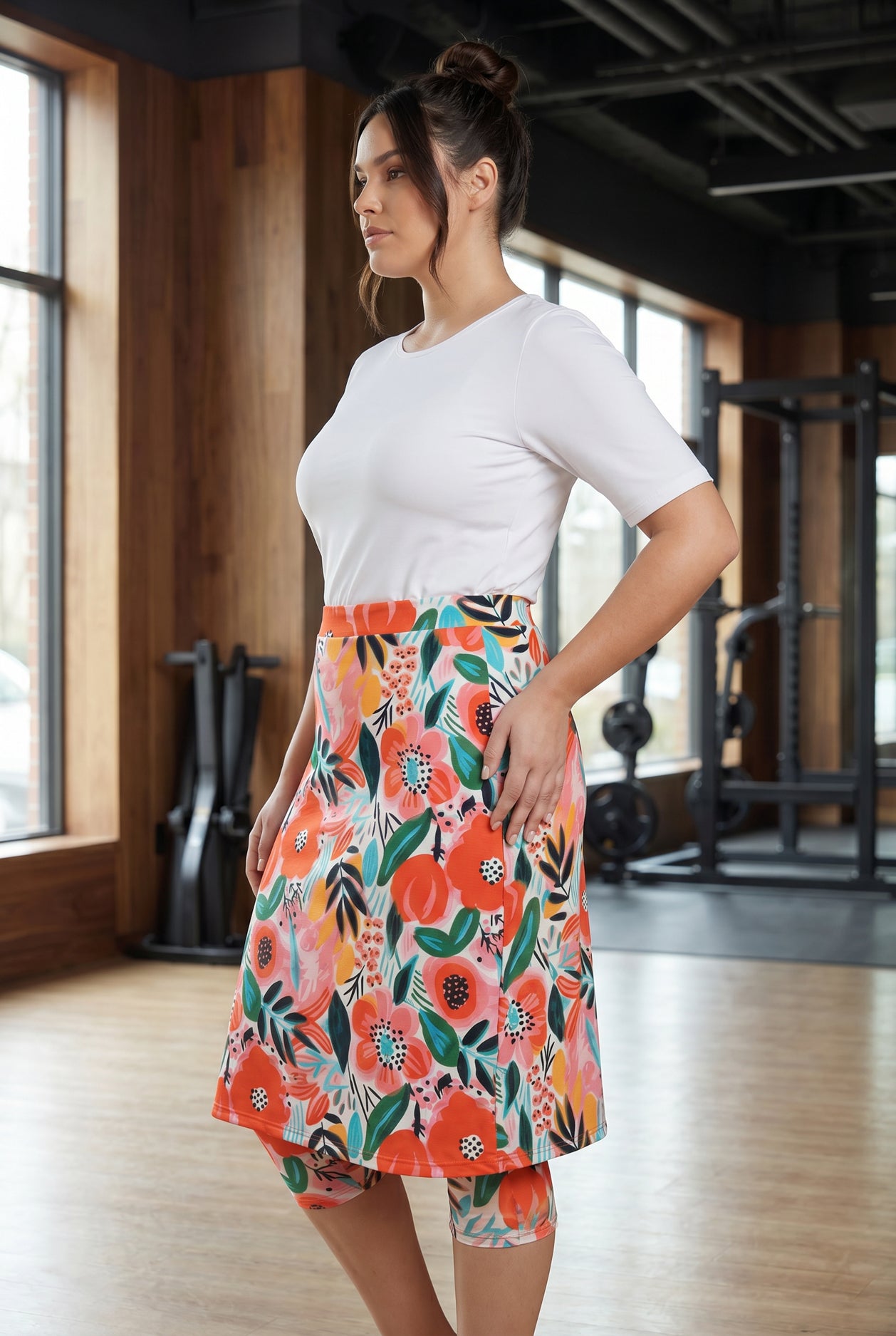 Model wearing Nuggles® 27" All-Sport Skirt in Summer Tropic